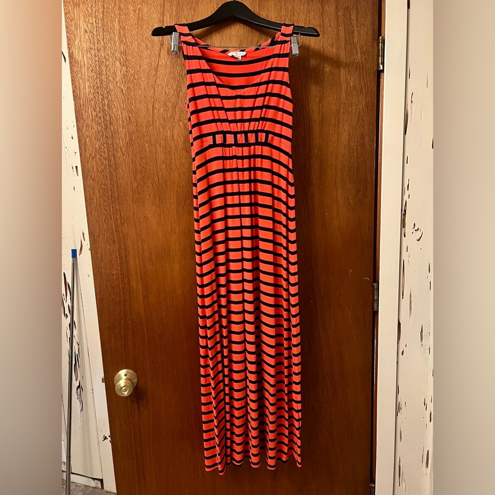 Boden Coral and Navy Striped Maxi Dress